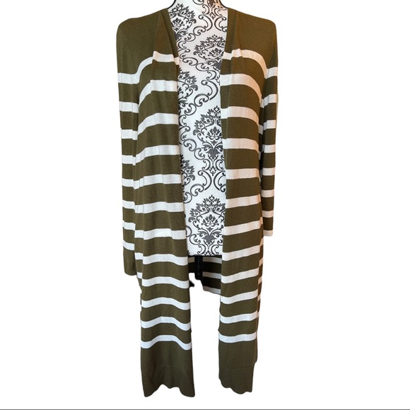 TALBOTS - Long sleeved green and white horizontal striped open sweater cardigan - Picture 1 of 10